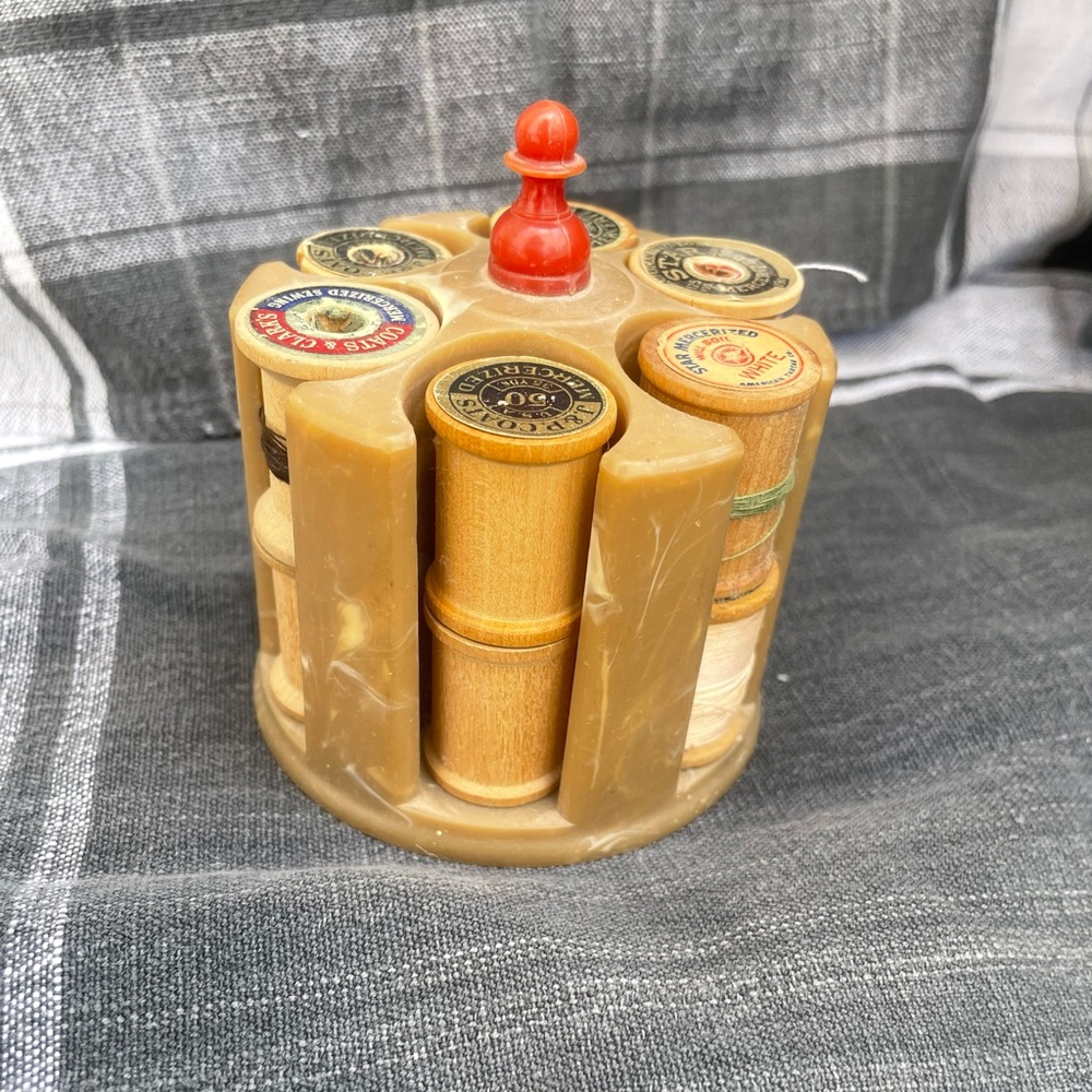 Vintage Marbled Bakelite Sewing Thread Holder Storage Carrier Spools Included.